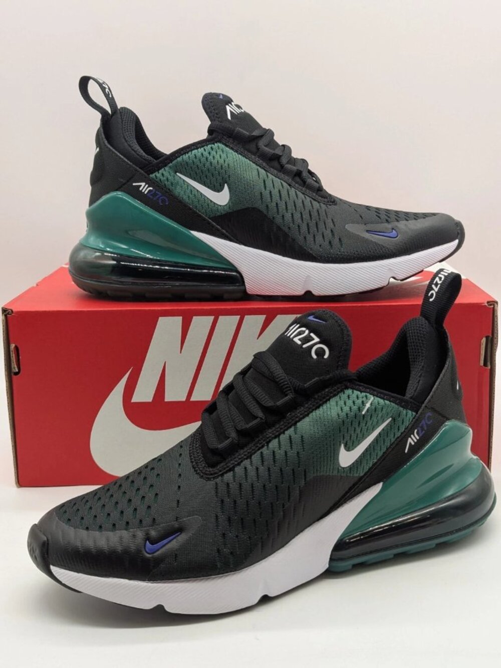 Nike Air Max 270 GS Shoes - Black White Evergreen Aura - Size 6.5Y (8 Women)